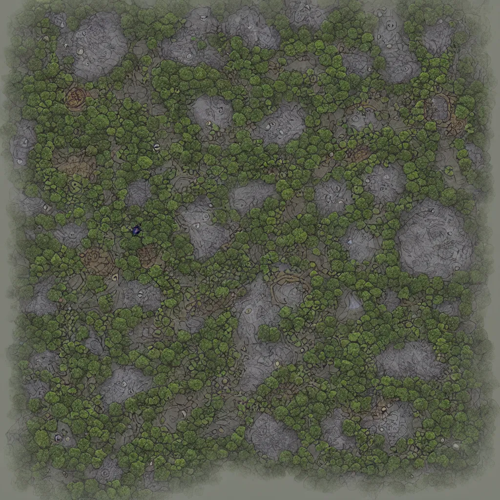 Prompt: a ttrpg map of a moonlit clearing in the woods, gridless, beautiful, 8 k, high quality digital art