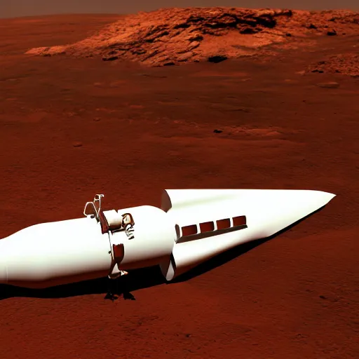 Image similar to a large white rocket lands on the surface of mars, retro futurism, high quality, high resolution