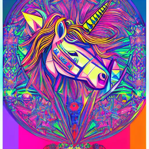 Image similar to a technicolor portrait illustration of a unicorn in geometric kaleidoscopic colors trending on artstation 4 k intricate extremely detailed digital art