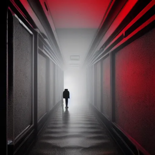 Prompt: photograph of an extremely dark narrow hallway with glowing humanoid monster made out of tv static, dark deep black shadows, red and black color contrast in the style of trevor henderson, liminal space, 3 d octane render, glitch effect