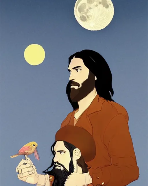 Image similar to portrait of a man with long black hair and beard holding a bird in his hands, full moon in the background, fine portrait, beautiful, concept art, by tomer hanuka, by alex vermeer