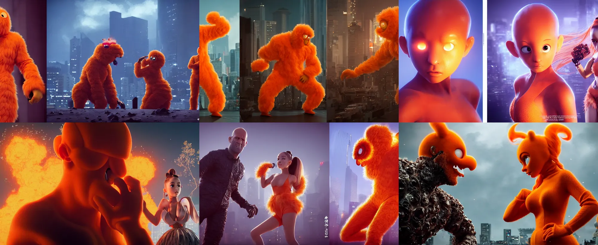 Prompt: ultrarealistic giant ariana grande wearing orange monster chicken suit vs jason statham in tokyo by yusuke murata, octane render, character concept art, movie action still frame, cinematic lighting, volumetric lighting, extreme intricate details, artstation, dnd art, cgsociety, sharp focus, ultra wide angle, digital painting by artgerm, gerald brom, wlop