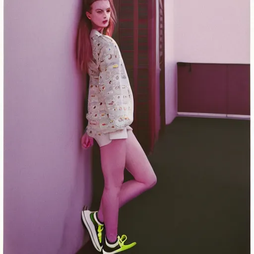 Image similar to realistic! photoshoot for a new nike lookbook, color film photography, portrait of a beautiful model, photo in style of wes anderson, 35mm