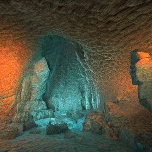 Image similar to cave with big crystals, 8k, colorful, super detailed, super realistic, sharp, volumetric light, ray traced