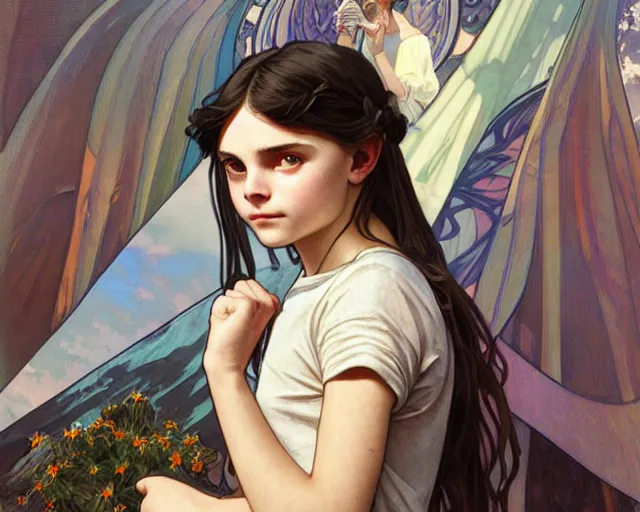 Prompt: Dafne Keen at market, art by Artgerm and Greg Rutkowski and Alphonse Mucha