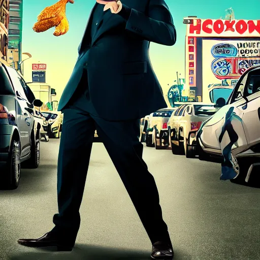 Image similar to hollywood quality poster for an action movie fearing an ahtnropomorphic male foxes in a suit stealing fried chicken, promotional media