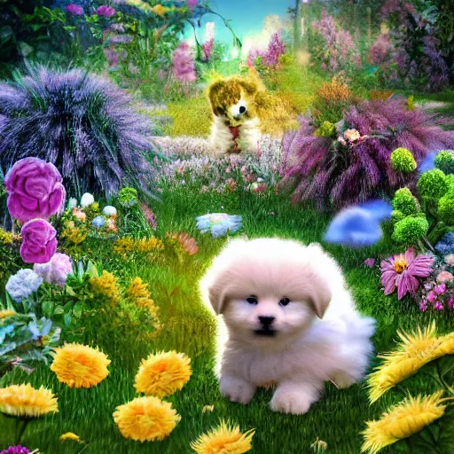 Prompt: fluffy puppies and kittens playing in the flower garden, deep dream, digital art, hyperealism, textured 3 d, photorealistic, concept art, intense detail, art station, 4 k