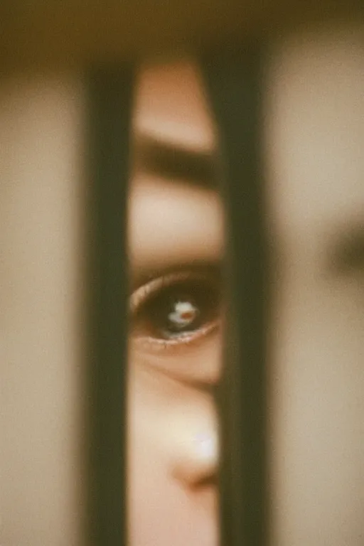 Image similar to kodak portra 4 0 0 photograph of a person looking out through their window, eyes, beautiful eyes, stunning eyes, close up, telephoto, faded effect, grain,