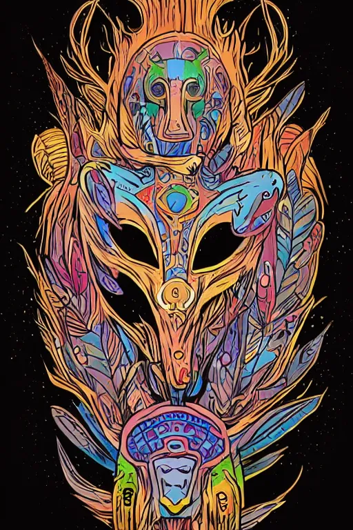 Image similar to animal mask totem roots flower tribal feather gemstone plant wood rock shaman vodoo video game vector cutout illustration vivid multicolor borderlands comics by josan gonzales and dan mumford radiating a glowing aura