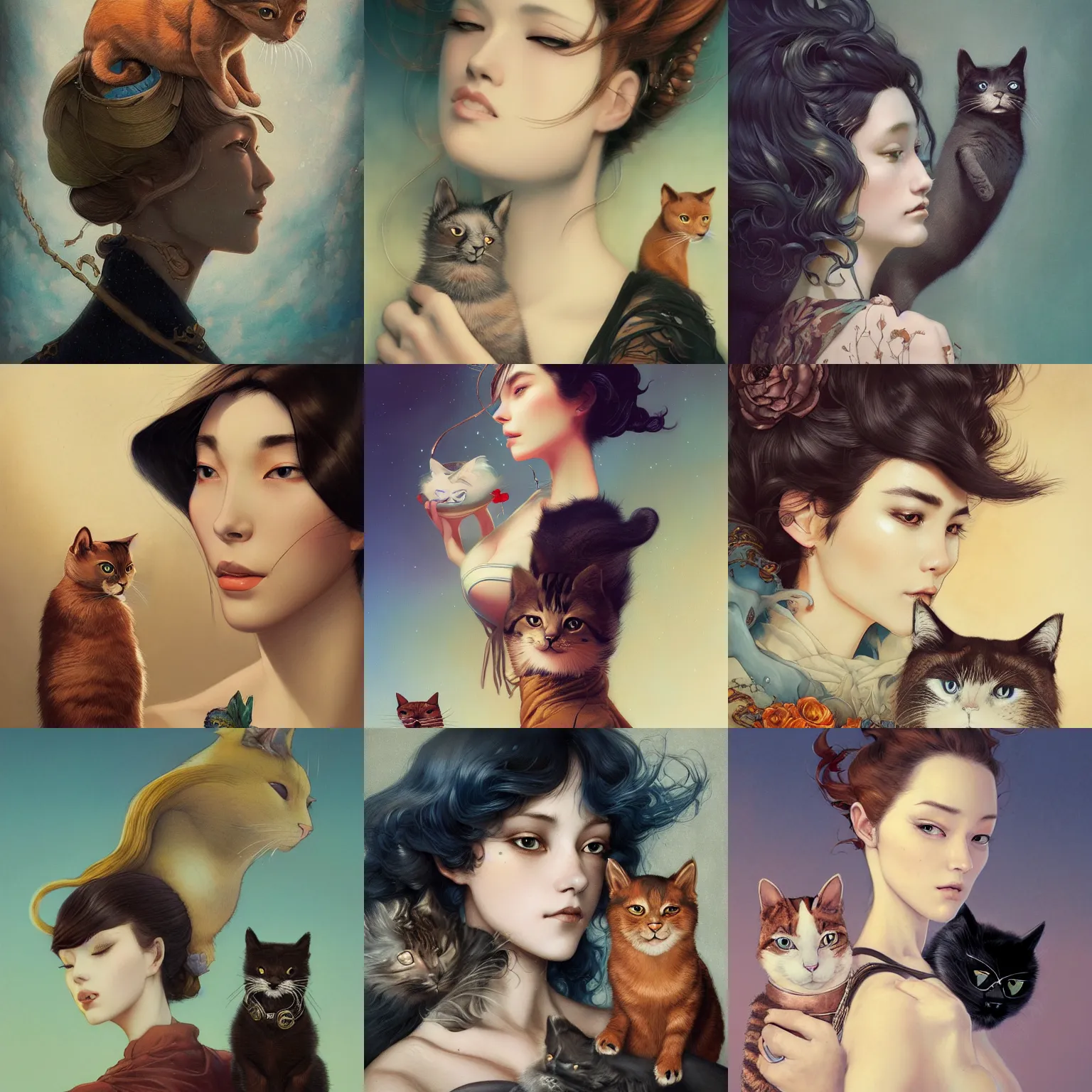 Prompt: a portrait of a beautiful woman with a handsome cat on her shoulder illustrated by miyazaki by karol bak, james jean, tom bagshaw, rococo, sharp focus, trending on artstation, cinematic lighting, hyper realism, octane render, 8 k, hyper detailed, vivid, ultra detailed, highly detailed