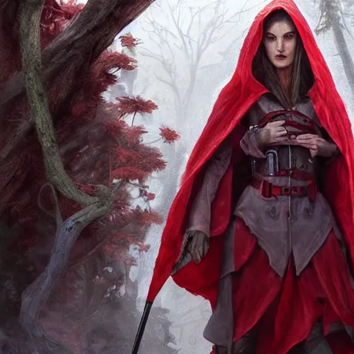 Image similar to digital _ painting _ of _ little red riding silk hood wolf slayer _ by _ filipe _ pagliuso _ and _ justin _ gerard _ unsymmetric _ ballad _ highly _ detailed _ unrealistic _ intricate _ port