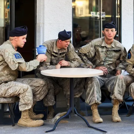 Image similar to a group of special forces soldiers sitting at the cafe and drinking coffee