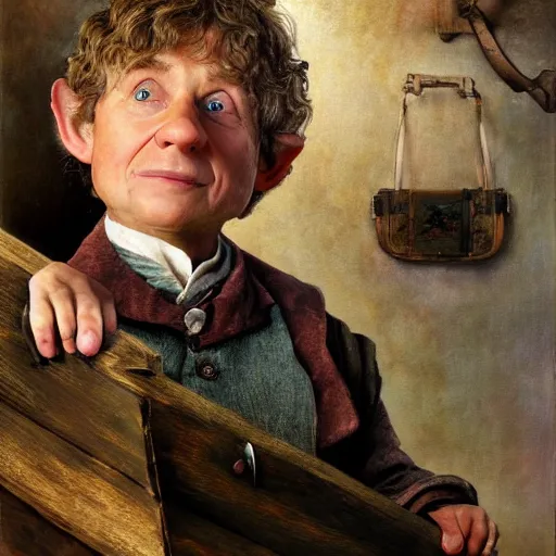 Image similar to bilbo baggins gets on myspace, realistic oil painting, style of norman rockwell, 8 k, super sharp, ultra detail, rule of thirds.