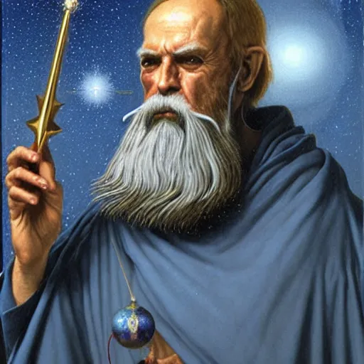 Image similar to majestic wizard with white long beard, blue coat with golden stars ornament, by wayne barlowe