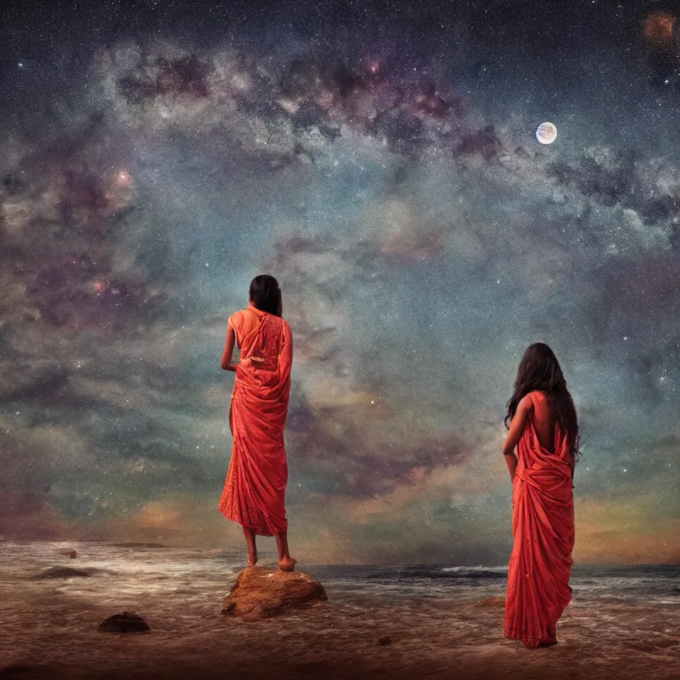 Prompt: young indian woman standing by the ocean at night with the moon above and the galaxy visible, masterful intricate artwork, high detail 8 k