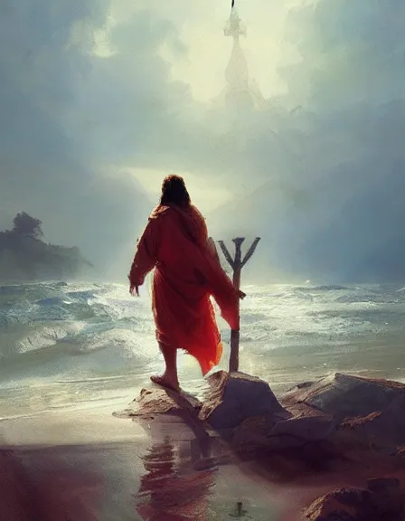 Image similar to a Jesus frog by Ruan Jia, oil on canvas, artstation, dramatic scenery, masterpiece, aesthetic