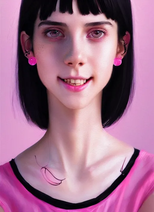 Image similar to portrait of teenage girl, narrow face, black hair, bangs, half updo hairstyle, skinny, smile, unattractive, defined jawline, big chin, wearing pink hair bow, earrings, intricate, elegant, glowing lights, highly detailed, digital painting, artstation, sharp focus, illustration, art by wlop, mars ravelo and greg rutkowski