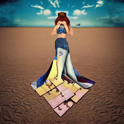 Prompt: A surreal painting of a puzzle of a beautiful woman on a desert beach with scattered puzzle pieces by Salvador Dali, dark vibes, high contrast, cinematic, depth of field