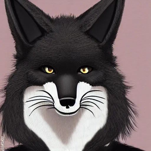 Image similar to close up of an anthro male black fox furry wearing an elegant suit, Studio Ghibli style, modern anime art