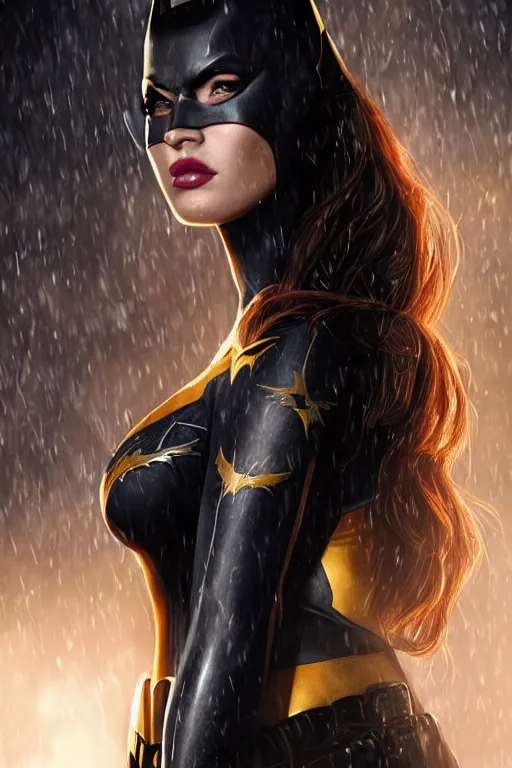 Image similar to Majestic and regal portrait of Megan Fox female Batgirl, DC universe, Perfect face, beautiful, intricate, epic, elegant, menacing, fantasy, highly detailed, digital painting, hard focus, beautiful volumetric lighting, epic light, ultra detailed, by Leesha Hannigan, Ross Tran, Thierry Doizon, Kai Carpenter, Ignacio Fernández Ríos