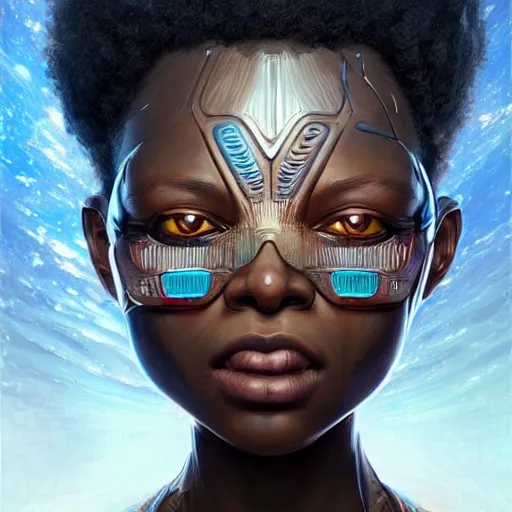 Prompt: african biopunk alchemist, science fiction, highly detailed, digital painting, beautiful eyes, symmetry, concept art, sharp focus, illustration, global illumination, radiant light, detailed and intricate environment, art by artgerm and greg rutkowski and magali villeneuve and ilya kuvshinov!