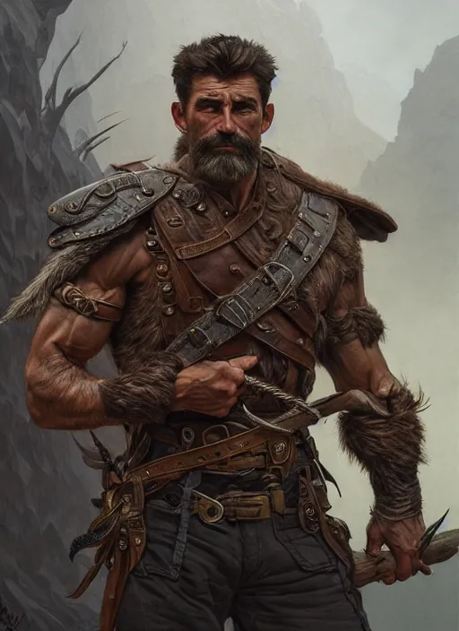 Prompt: portrait of a ruggedly handsome ranger, hands details, muscular, half body, leather, hairy, d & d, fantasy, intricate, elegant, highly detailed, digital painting, artstation, concept art, smooth, sharp focus, illustration, art by artgerm and greg rutkowski and alphonse mucha