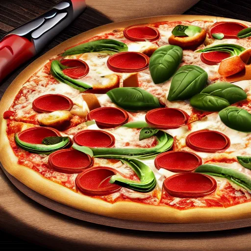 Image similar to A pizza with knives as toppings, realistic, ultra high detail, 8k, close up.