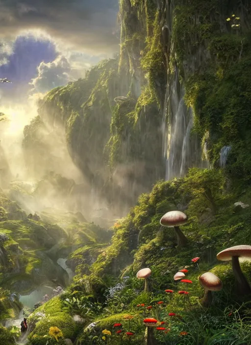 Prompt: an elegant winged fairy flying in the lord of the rings scenery landscape, looking out at a vast lush valley flowers and homes made of mushrooms, stream, sunrise, god's rays highly detailed, vivid color, cinematic lighting, perfect composition, 8 k, gustave dore, derek zabrocki, greg rutkowski, belsinski, octane render