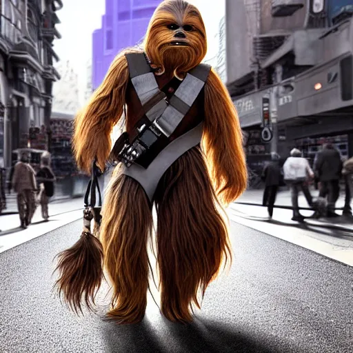 Image similar to Chewbacca, walking on the street, on a leash, owner on the right hand side, photorealistic, 4k