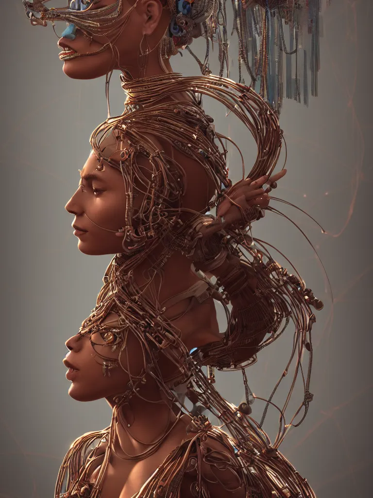 Prompt: a centered render of an alluring mystical tribal goddess adorned with cables and synthesizer parts, full body, gorgeous face, perfect face, powerful, cinematic, beautifully lit, by viktoria gavrilenko, 3 d, trending on artstation, octane render, 8 k