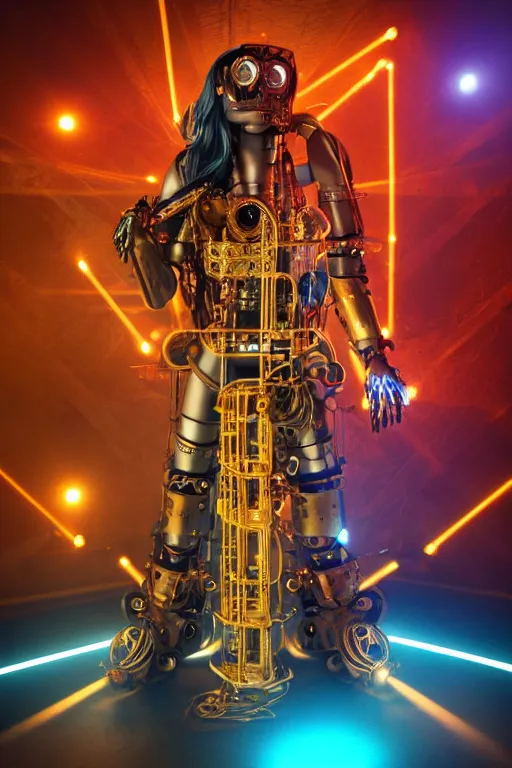 Image similar to portrait photo of a giant huge golden and blue metal humanoid steampunk cyborg female singer with a human face and gears and tubes, in the foreground is a big red glowing microphone, eyes are glowing red lightbulbs, shiny crisp finish, 3 d render, 8 k, insaneley detailed, fluorescent colors, background is multicolored lasershow