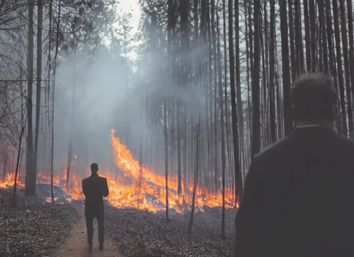 Prompt: a 3 5 mm photo from the back of a man in a gray suit walking through a forest fire, splash art, movie still, bokeh, canon 5 0 mm, cinematic lighting, dramatic, film, photography, cold blue light, depth of field, award - winning, anamorphic lens flare, 8 k, hyper detailed, 3 5 mm film grain