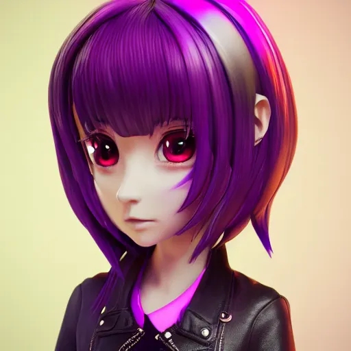 Image similar to portrait of a anime and chibi very cute girl with purple jacket design by antonio mello, xkung work, cyberpunk fashion, character modeling, toy design, substance 3 d painter, blender, mental ray, zbrush, soft vinyl, bio luminescent, maximalist sculpted design portrait, studio photo, 7 0 mm lens, trending in artstation