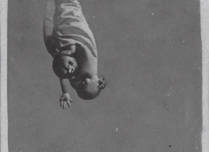 Image similar to an old worn photograph of a child in the distance floating upside - down