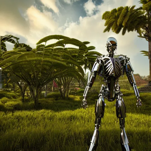 Prompt: a cyborg standing surrounded by plants, raytracing, ultrarealistic, wide frame, 3 d render, unreal engine, dynamic light, cinematic