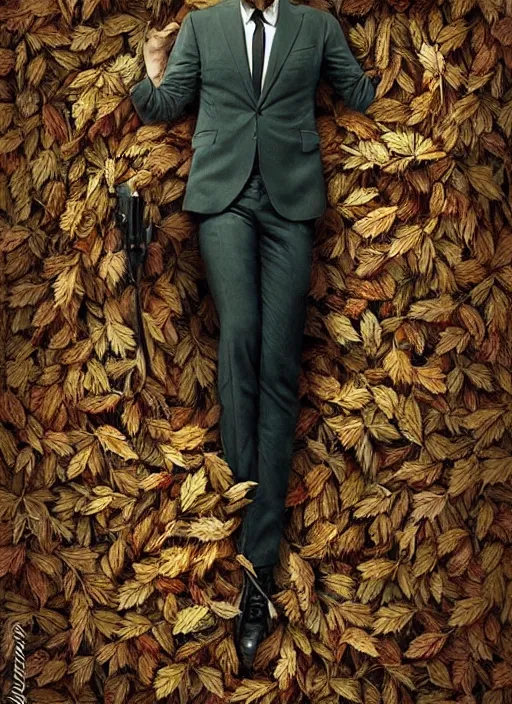 Image similar to highly detailed comedy caper movie poster with silly wacky zany keanu reeves as a sentient pile of leaves, keanu reeves green face as a sentient leafy bush by greg rutkowski, masterpiece, really funny, 1 0 / 1 0 comedy