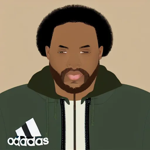 Image similar to vector art of a black man with afro hair and raspy bear stubble, wearing an army green adidas jacket, high quality, minimalist