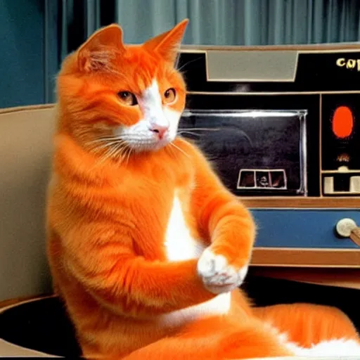 Prompt: An orange and white cat sitting in the captain's chair of the USS Enterprise. Vintage TV show, centered.