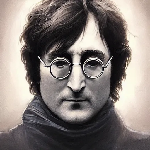 Prompt: Beautiful face Portrait of John Lennon, powerful magic, thunders, dramatic lighting, intricate, wild, highly detailed, digital painting, artstation, concept art, smooth, sharp focus, illustration, art by artgerm and greg rutkowski and alphonse mucha, footage from space camera