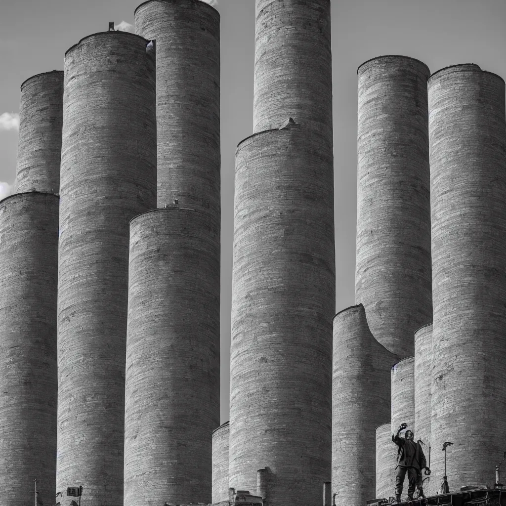 Prompt: giant shrek standing between two big soviet brutalist architekture chimneys, black and white, history channel, very detailed, 4 k, professional photography