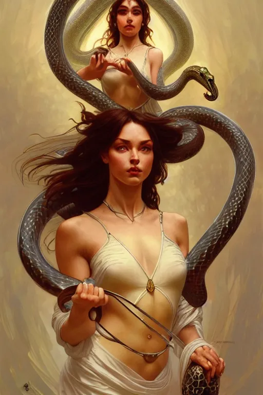 Prompt: angels that look like Weight lifters dancing with snakes, fantasy, amber eyes, face, long hair, intricate, elegant, highly detailed, digital painting, artstation, concept art, smooth, sharp focus, illustration, art by artgerm and greg rutkowski and alphonse mucha