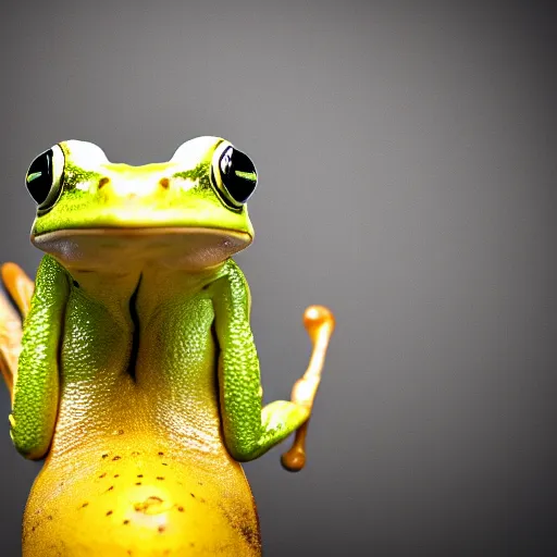 Image similar to a frog made of banana, close - up professional photography, white background, studio lighting