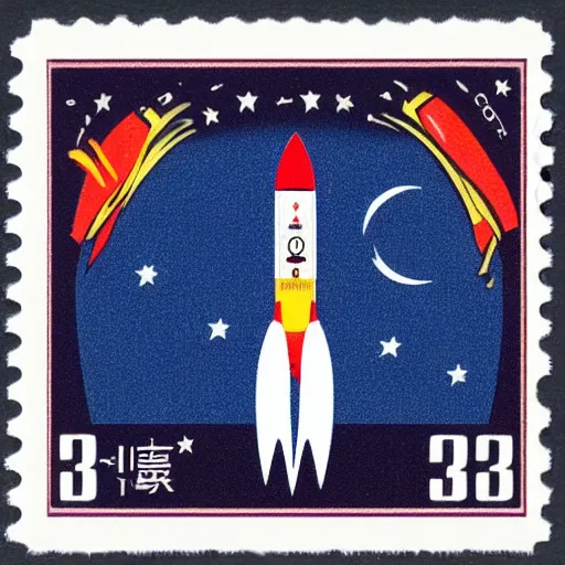 Image similar to a stamp commemorating a rocket launch