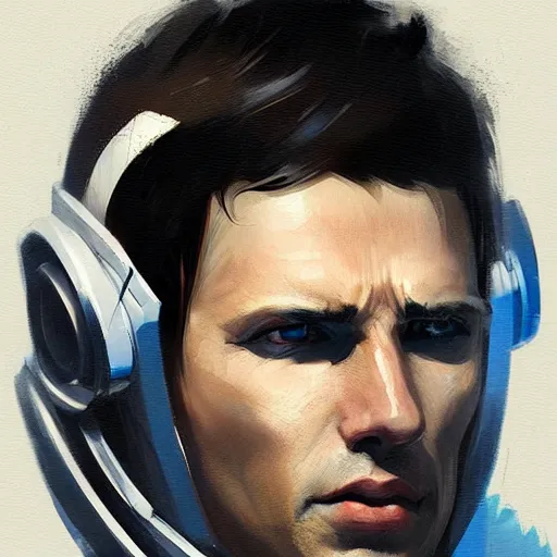 Image similar to portrait of a man by greg rutkowski, he is about 3 0 years old, short black hair with bangs, scared and incredulous, very tall and slender, he is wearing futuristic space gear, highly detailed portrait, digital painting, artstation, concept art, smooth, sharp foccus ilustration, artstation hq