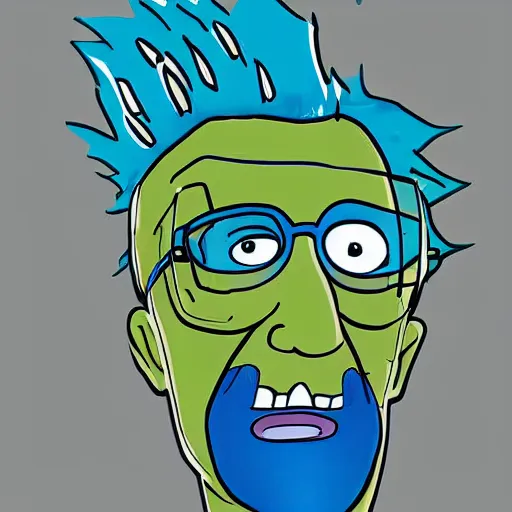 Prompt: drunk scientist called rick whit blue hair turning him self into a pickle during an experiment, digital art