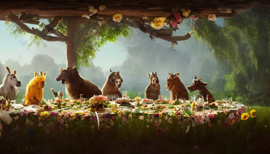 Prompt: a table dinner of animals where animals are dressed like the characters from the midsommar movie wearing flowers, realistic detailed digital art by maxwell boas jessica rossier christian dimitrov anton fadeev trending on artstation cgsociety rendered in unreal engine 4 k hq