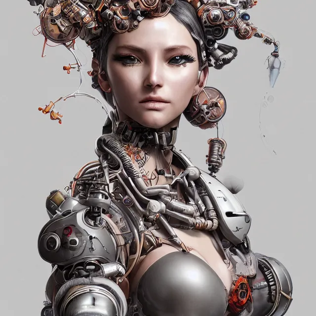 Prompt: the portrait of true neutral semi - colorful female cyborg mechanist as absurdly beautiful, gorgeous, elegant, young sensual swimsuit model looking up, an ultrafine hyperdetailed illustration by kim jung gi, irakli nadar, intricate linework, detailed faces, octopath traveler, unreal engine highly rendered, global illumination, radiant light, detailed and intricate environment