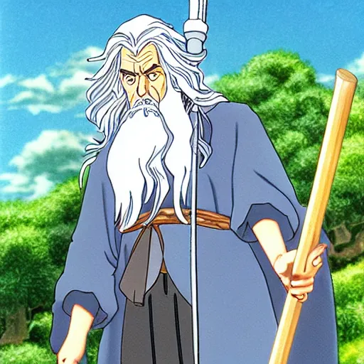 Image similar to gandalf from the anime lord of the rings (1986), holding a wooden staff, studio ghibli, very detailed, realistic