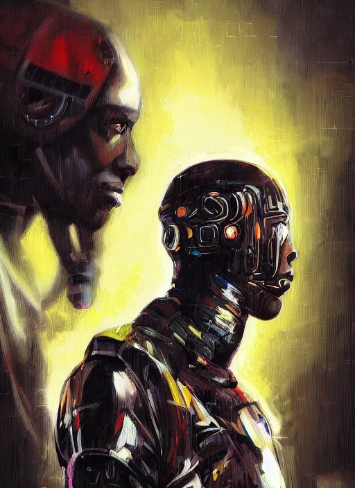 Image similar to portrait of african man warrior, techwear, cyberpunk, by rafael albuquerque