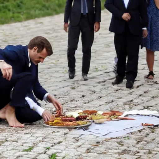 Image similar to barefoot macron, giving food to poor people, barefoot, french president, press photography